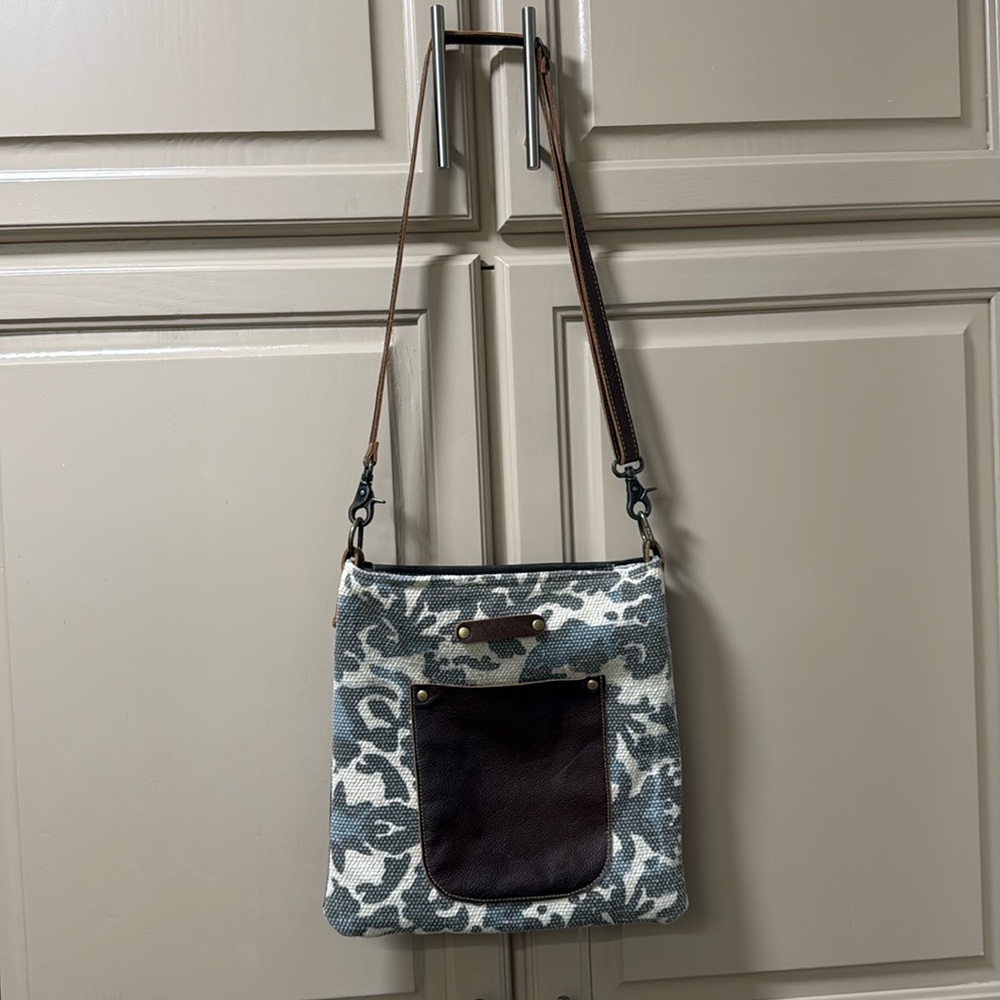 Myra Bag Women's Camo Canvas Brown Leather Crossbody Purse
